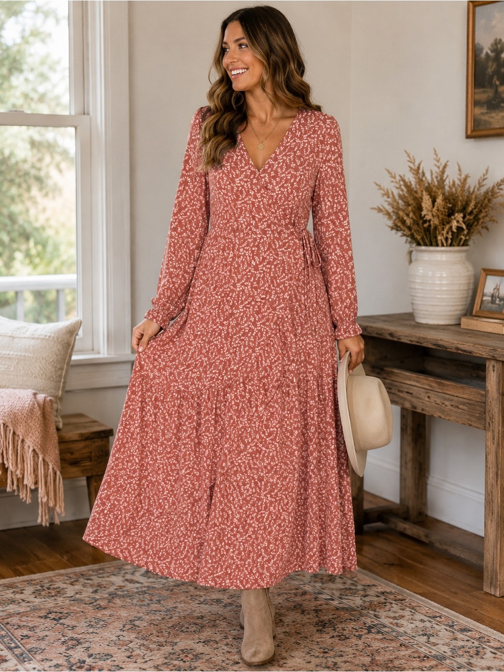 Loeffler Randall Terra Cotta Floral Wrap Maxi Dress